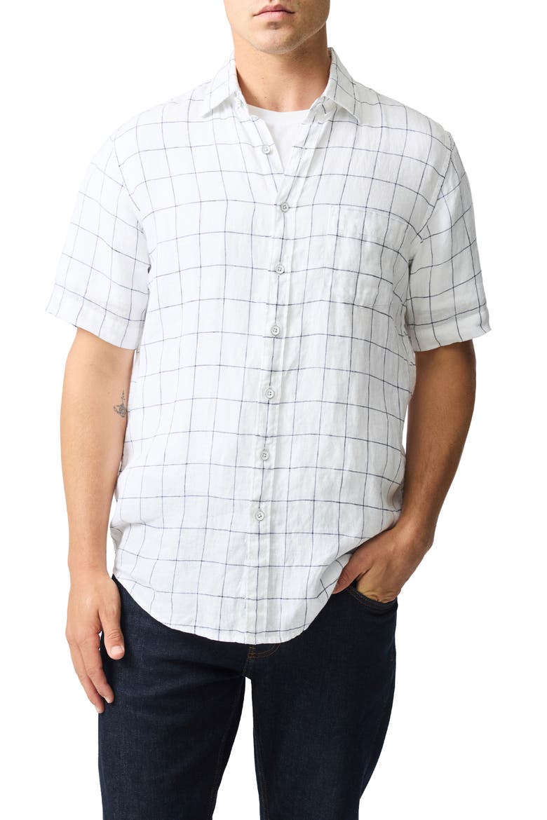Avonden Check Short Sleeve Linen Button-Up Shirt, Main, color, IVORY