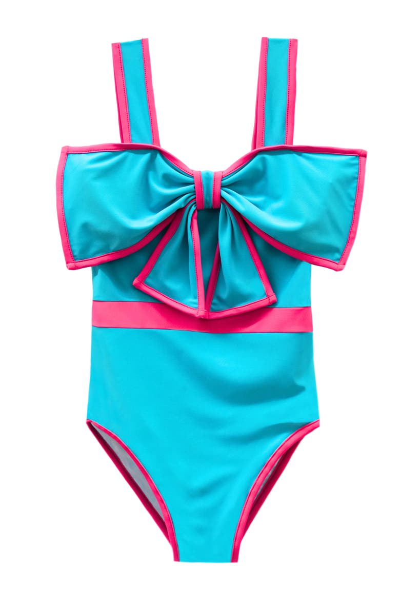 Mia Belle Girls Colorblock Bow One Piece Swimsuit, Main, color, Blue-Green