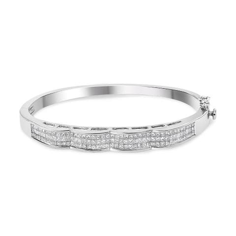 14K White Gold 3 1/3 Cttw Invisible Princess Diamond Wave Bangle Bracelet