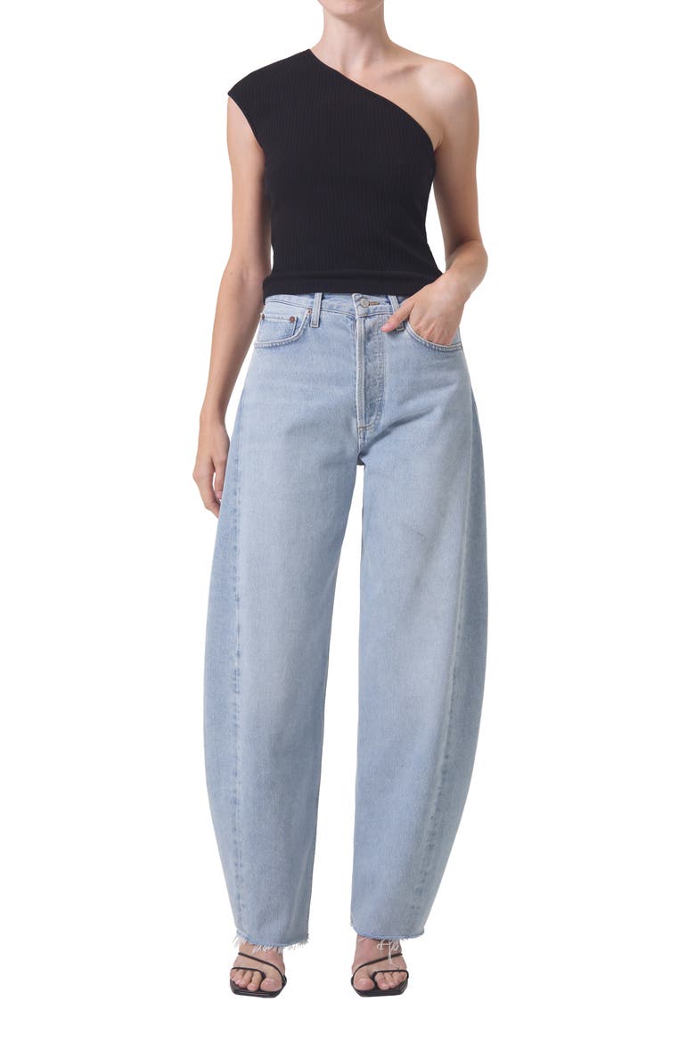 Luna Pieced High Waist Raw Hem Barrel Jeans, Alternate, color, VOID