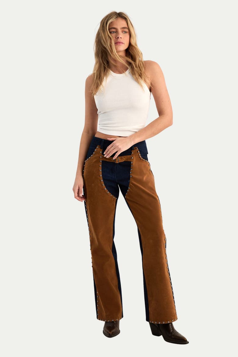 Denim Studded Suedette Mix Chap Jean, Alternate, color, Indigo