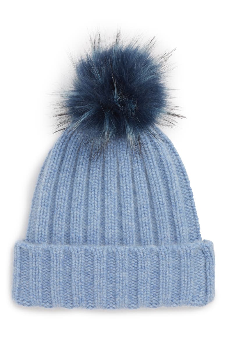 x Atlantic-Pacific Cashmere Beanie with Faux Fur Pom, Main, color, BLUE BRUNNERA