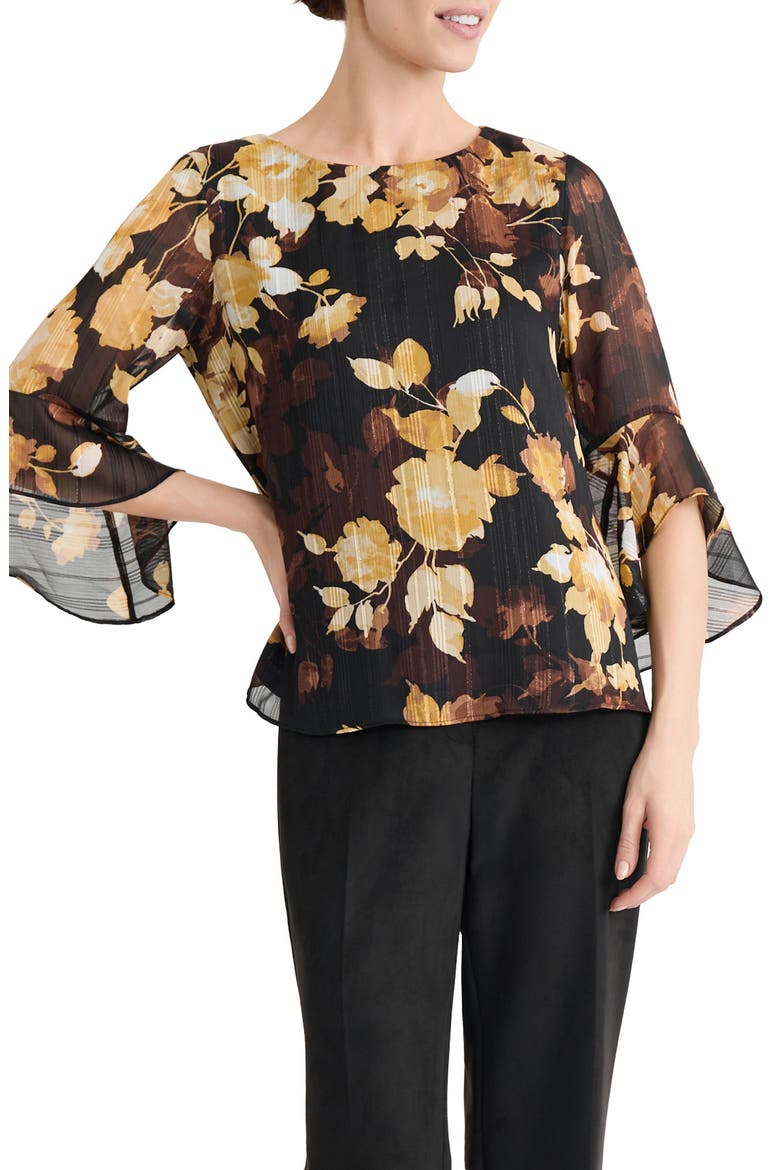 Ruffle Sleeve Printed Top with Metallic Shimmer, Main, color, BLACK MULTI