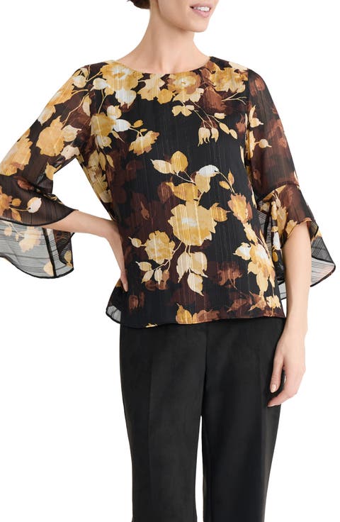 Ruffle Sleeve Printed Top with Metallic Shimmer