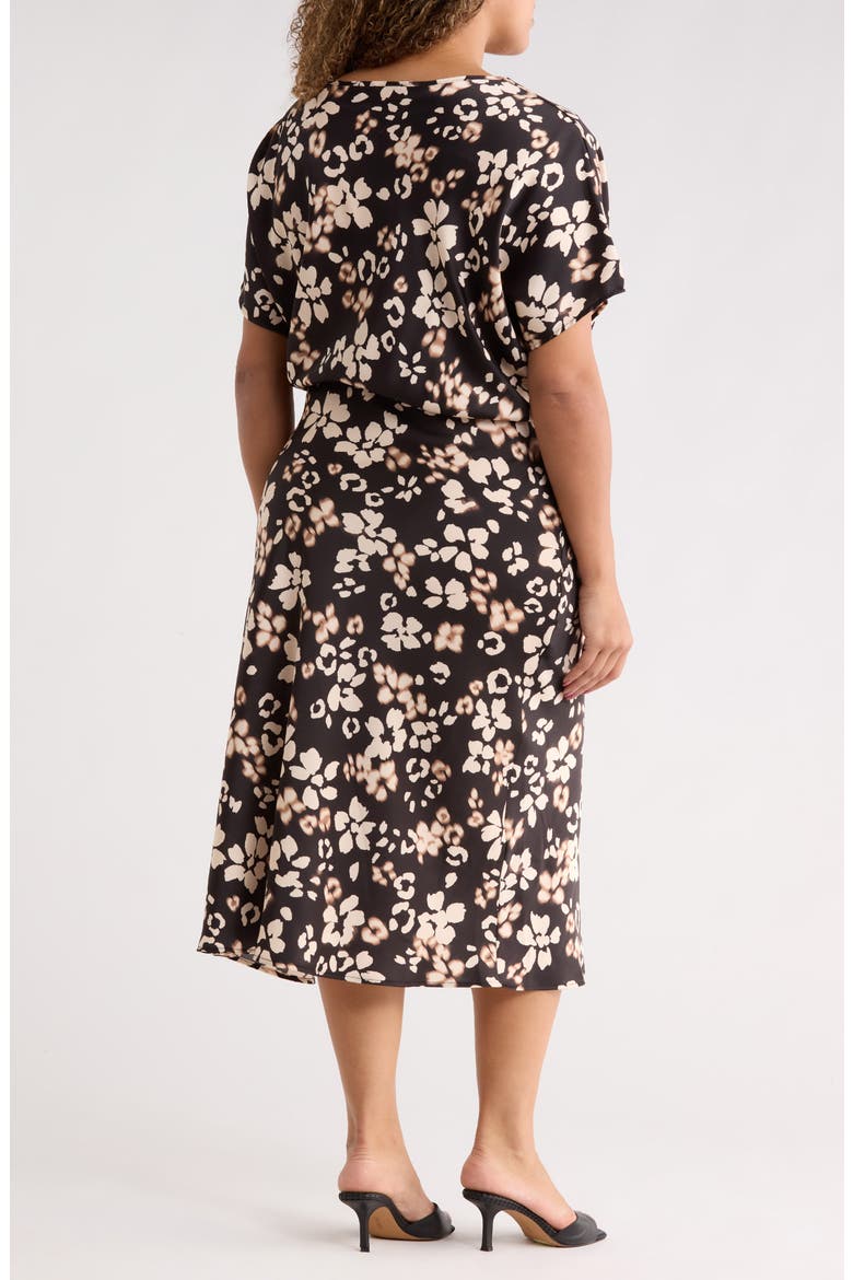 Floral Short Sleeve Satin Midi Dress, Alternate, color, BLACK