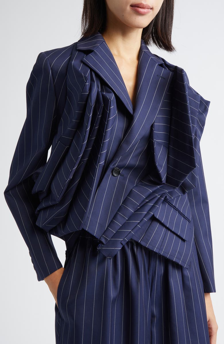 Comme des Garçons Twisted Draping Crop Pinstripe Blazer, Alternate, color, Navy