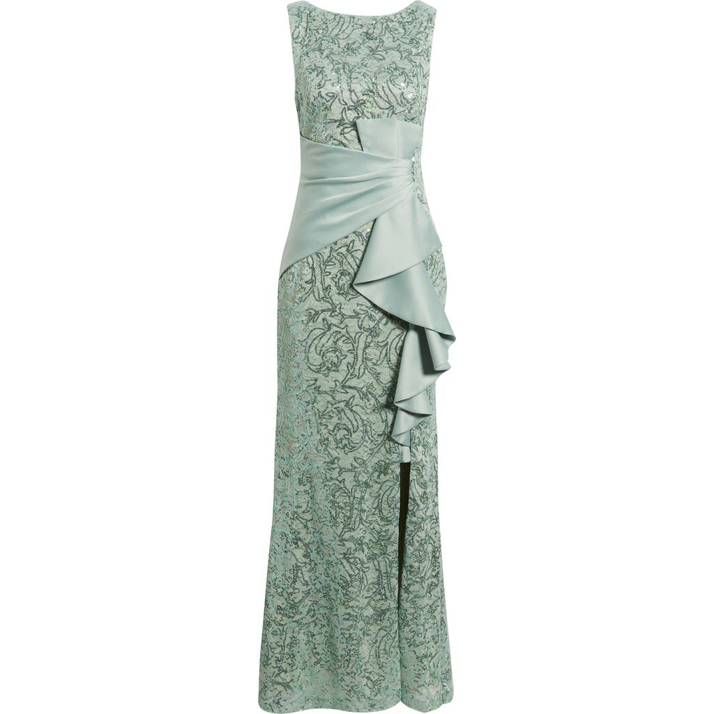ELIZA J ELIZA J SEQUIN RUFFLE SLEEVELESS LACE TRUMPET GOWN
