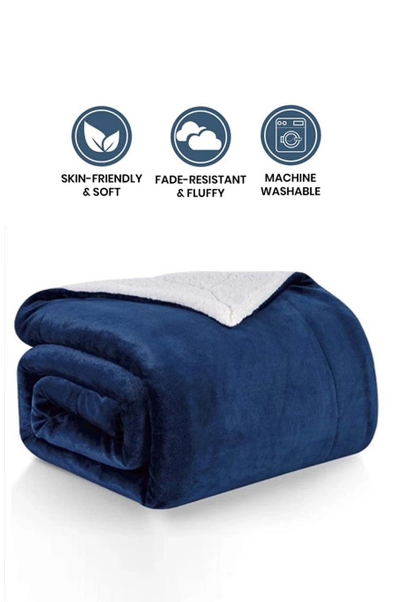 Plush Fleece & Faux Shearling Throw Blanket, Alternate, color, NAVY