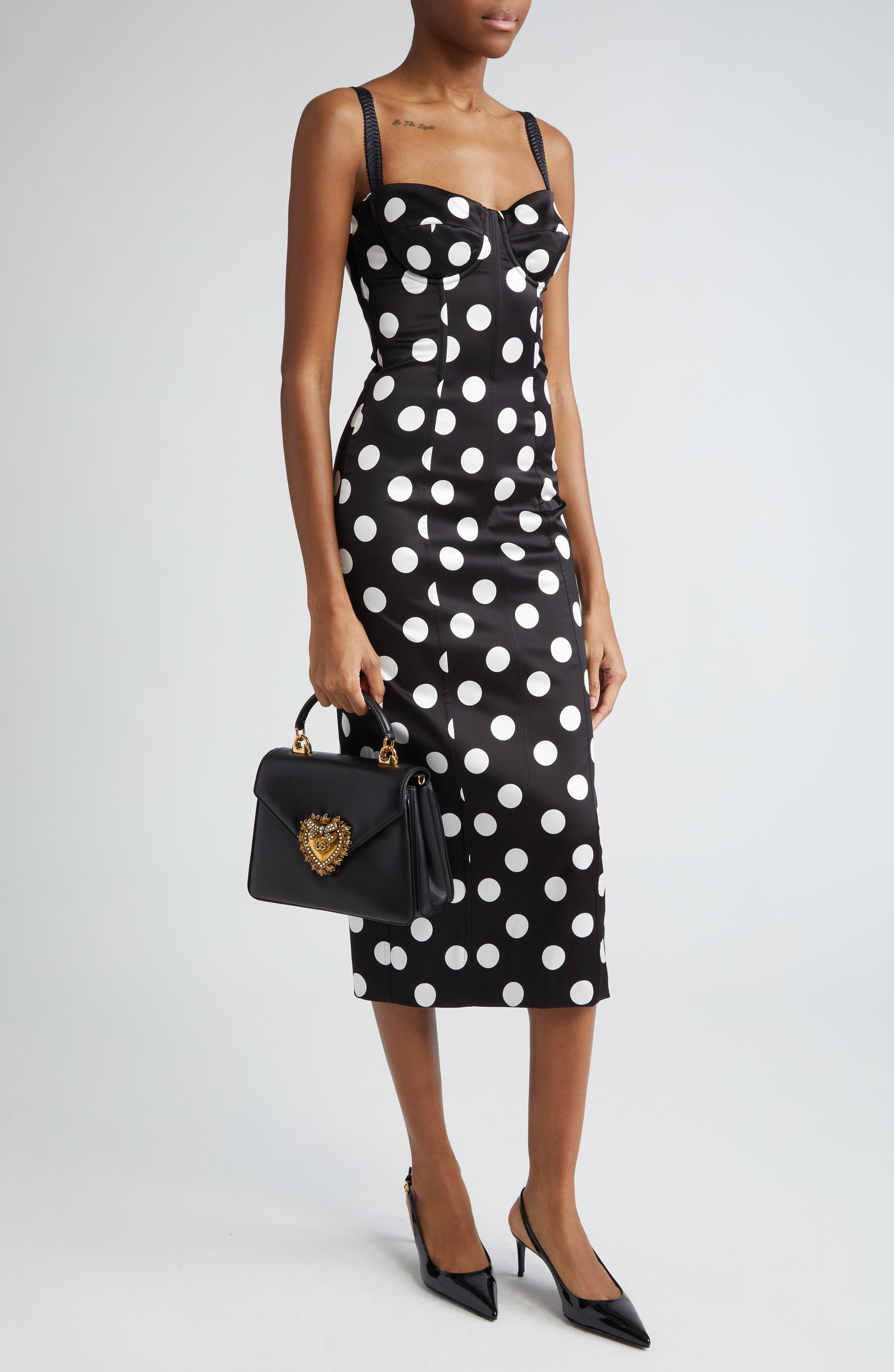 Polka Dot Ruched Satin Sheath Dress - image 2