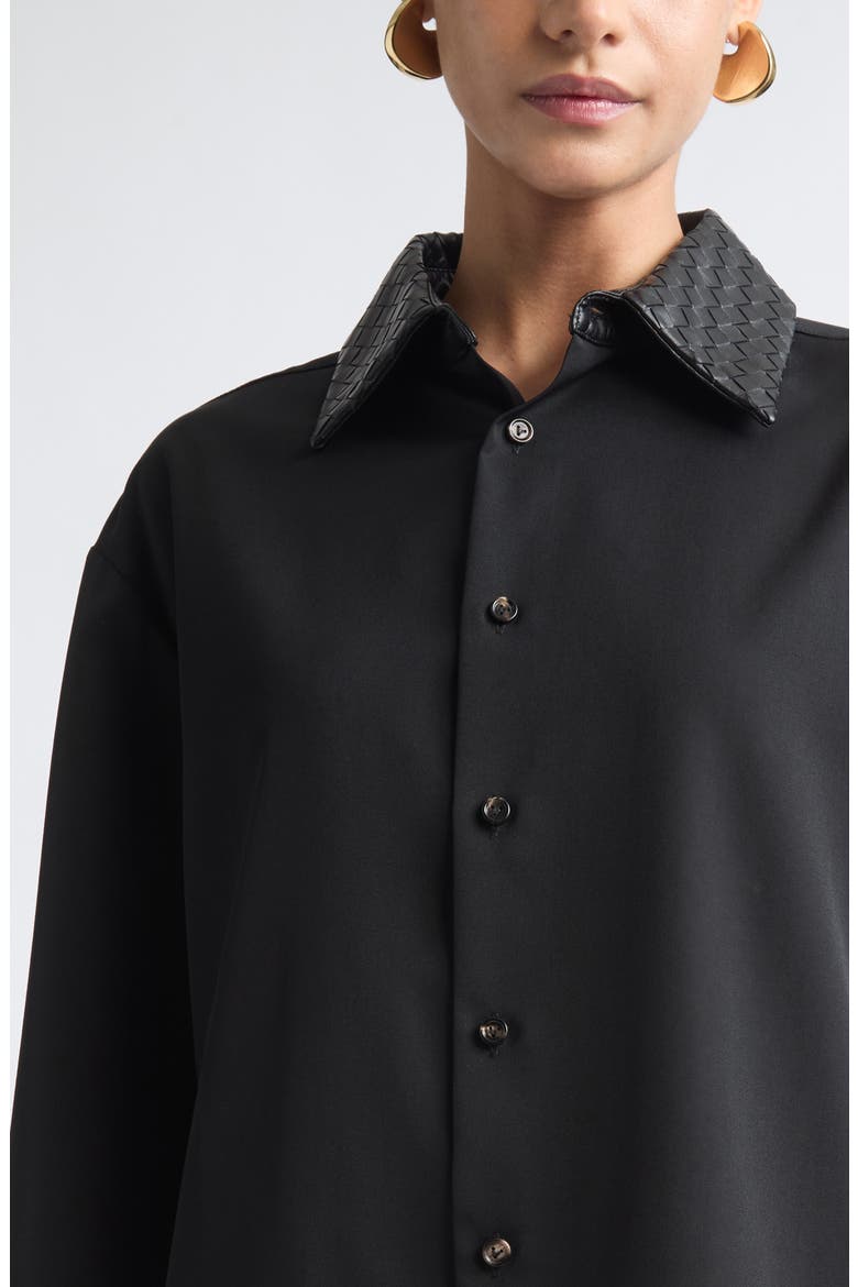 Intrecciato Twill Button-Up Shirt with Leather Collar, Alternate, color, 1010 DOUBLE BLACK