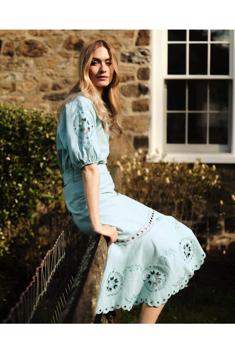 Marlo Embroidered Linen Midi Skirt, Alternate, color, Canal Blue
