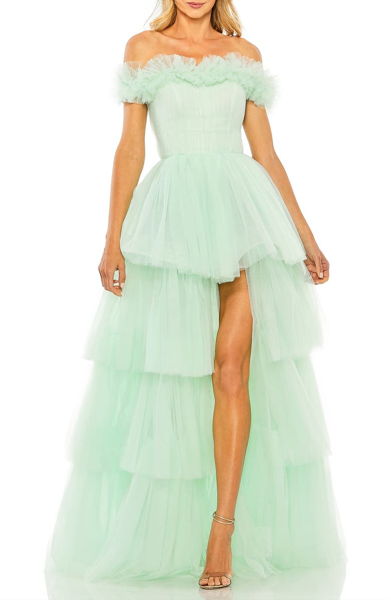 Mac Duggal Off-the-Shoulder High-Low Tulle Gown, Main, color, Mint