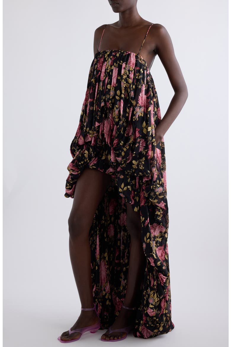 Peony Print Silk Jumpsuit, Alternate, color, BLACK