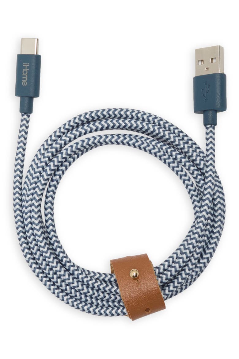 Six-Foot Chevron Braided USB-C to USB-A Charging Cable, Main, color, NAVY