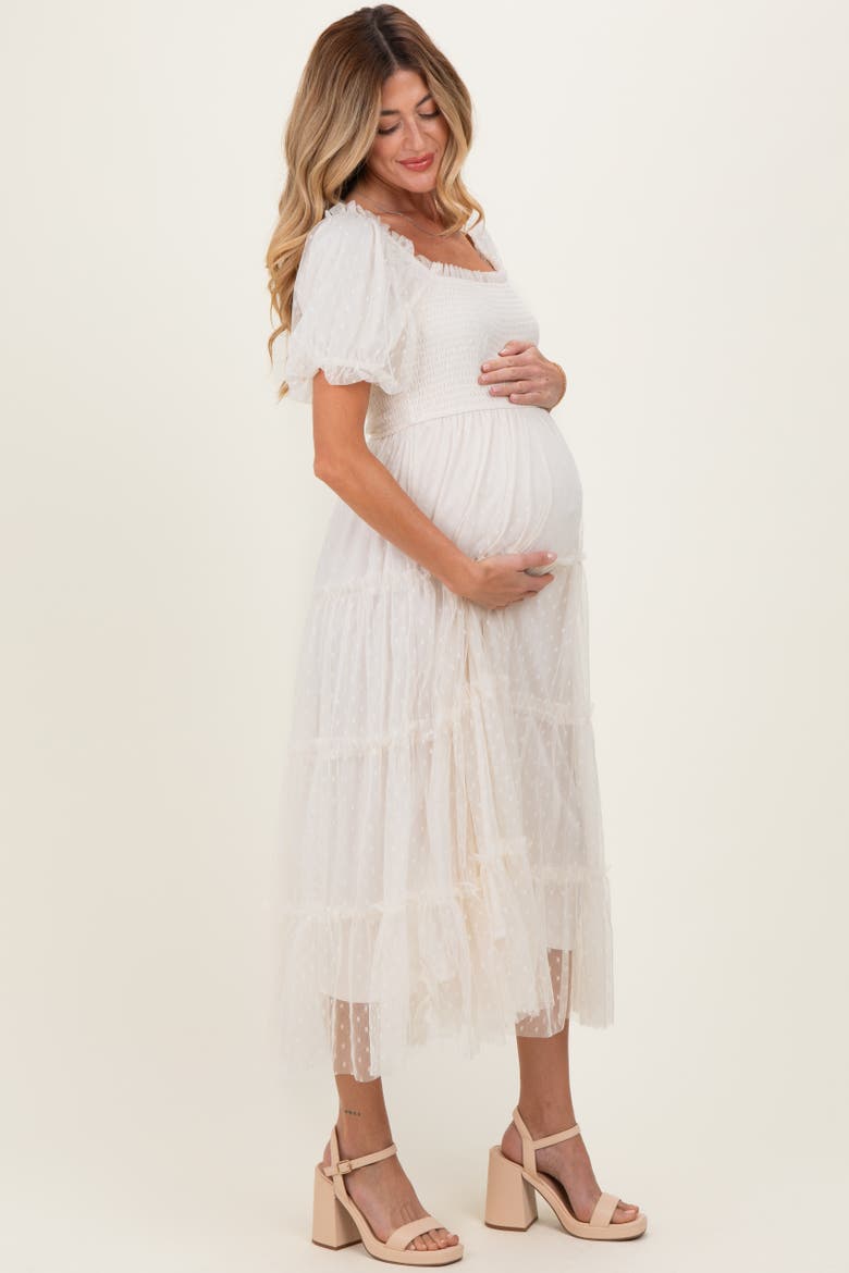 Pink Tulle Tulle Puff Sleeve Smocked Midi Dress, Alternate, color, Cream