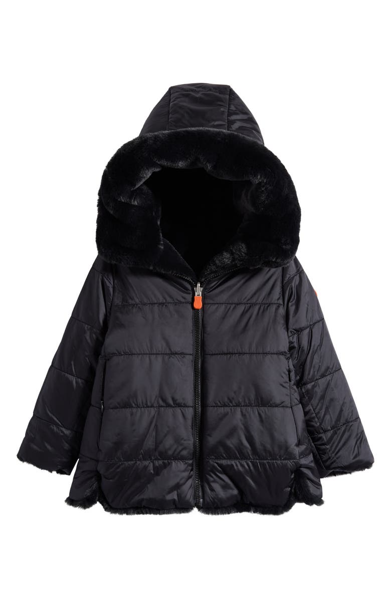 Save The Duck Kids' Flora Reversible Hooded Faux Fur Coat, Alternate, color, Black