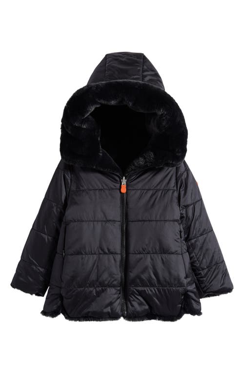 Save The Duck Kids' Flora Reversible Hooded Faux Fur Coat In Black