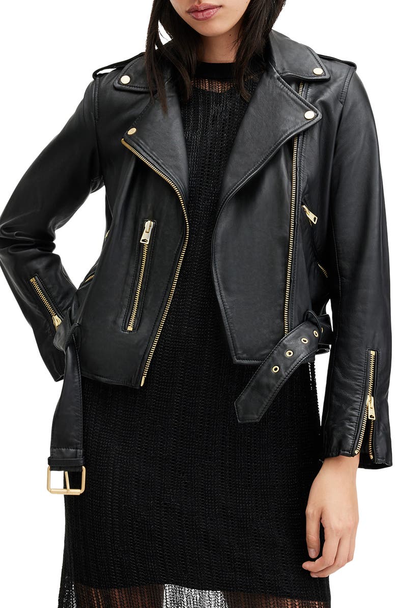 AllSaints Balfern Leather Biker Jacket, Main, color, Black/ Gold