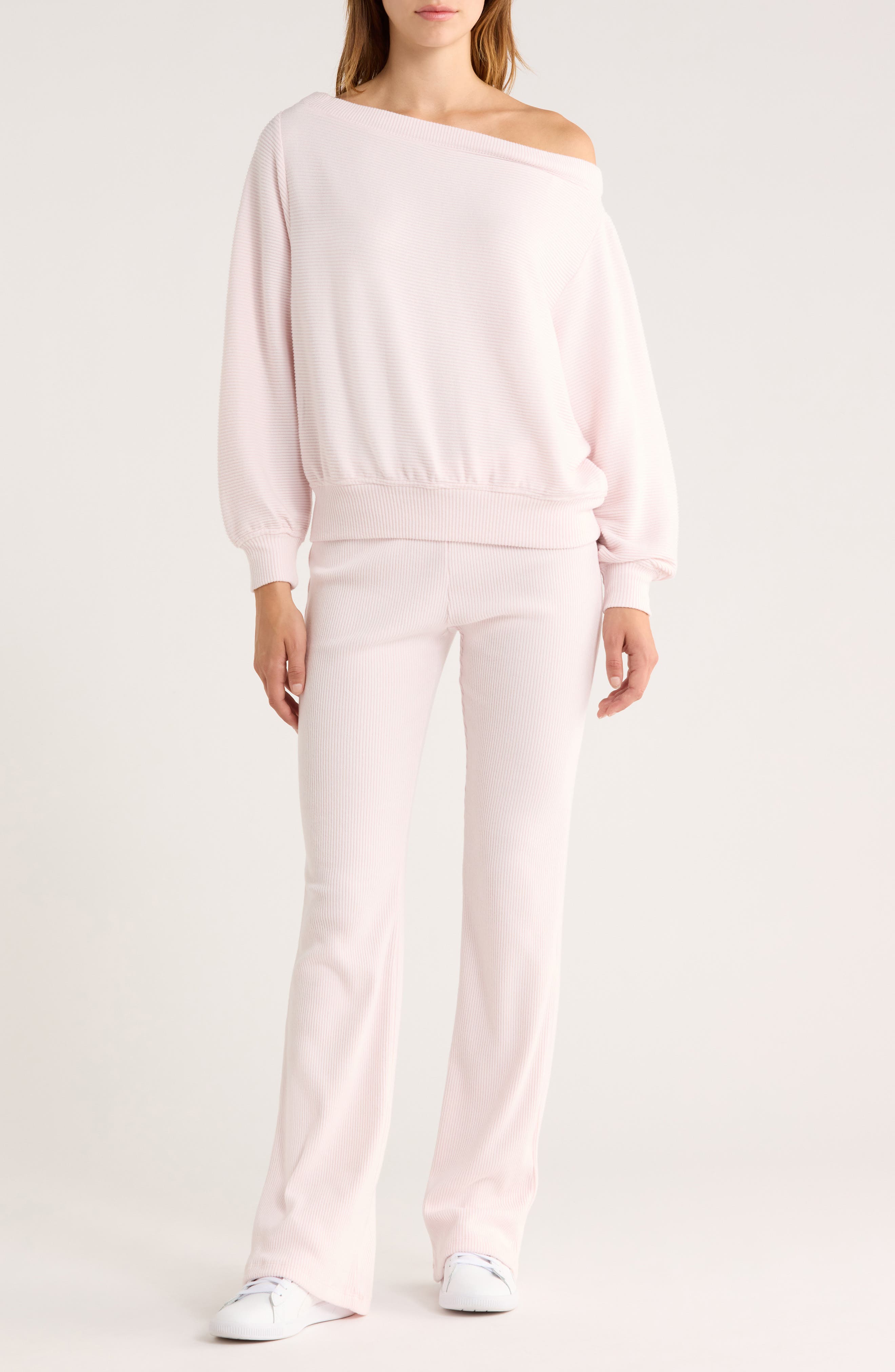 Abound Hacci One-Shoulder Top & Flared Pants Set