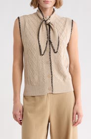 Adrianna Papell Tie Neck Sweater Vest with Whipstitch Detail