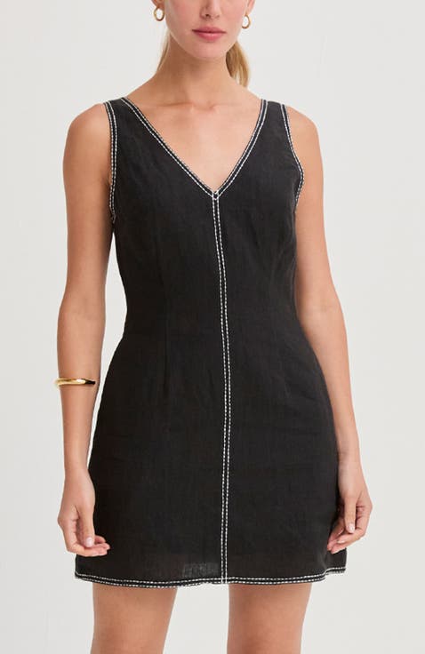 Contrast Stitch V-Neck Linen Mini Dress