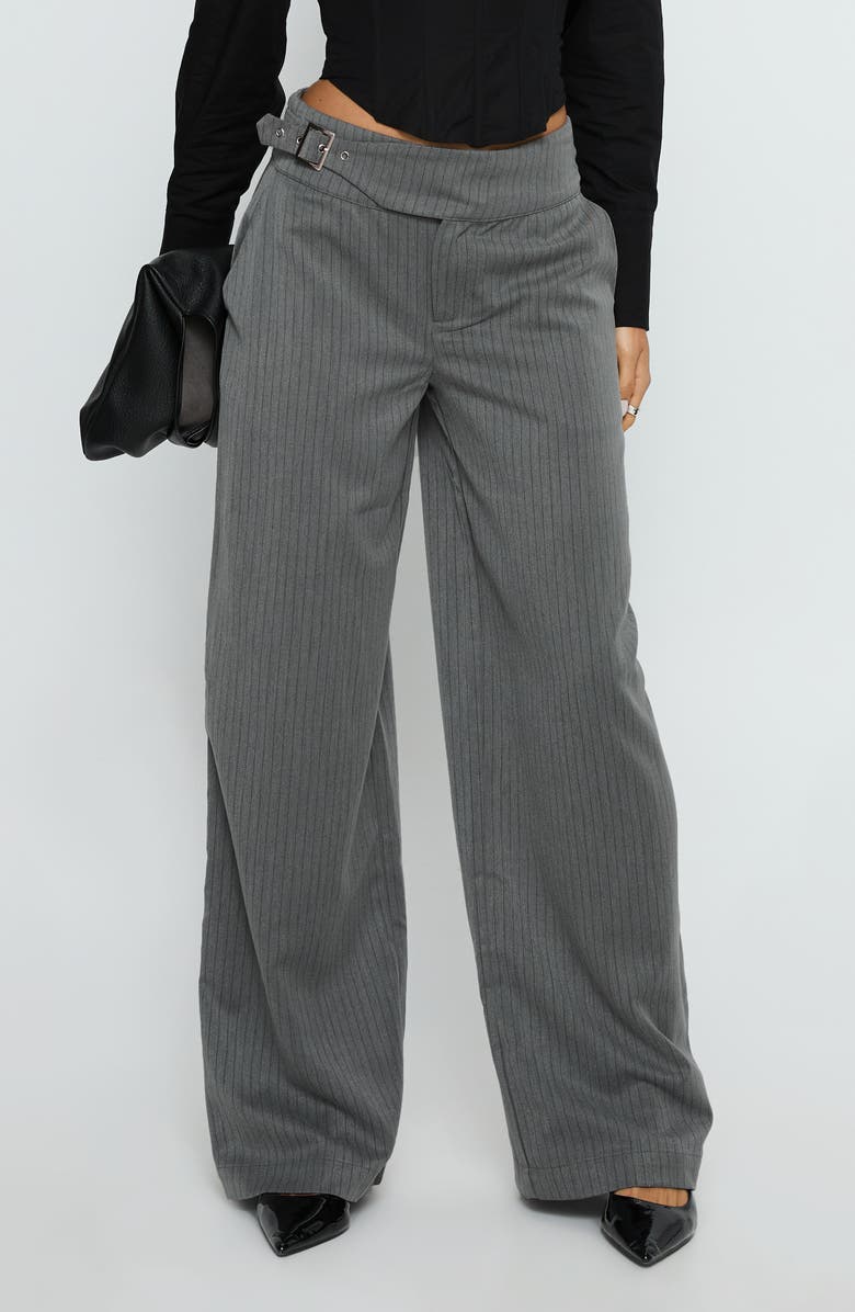 Princess Polly Jinny Pinstripe Buckle Waist Wide Leg Pants, Main, color, Grey Pinstripe