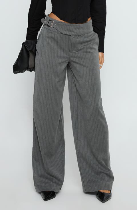 Jinny Pinstripe Buckle Waist Wide Leg Pants