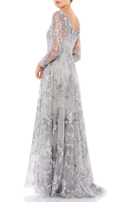Mac Duggal Floral Rhinestone Embroidered Sweetheart Illusion Long Sleeve Gown In Sterling