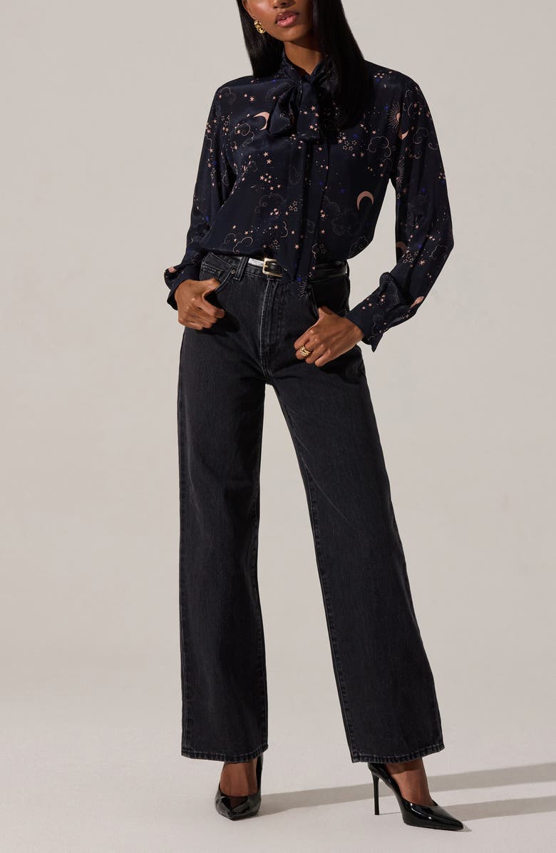 ASTR the Label Mabry Tie Neck Shirt, Alternate, color, Navy Night Print