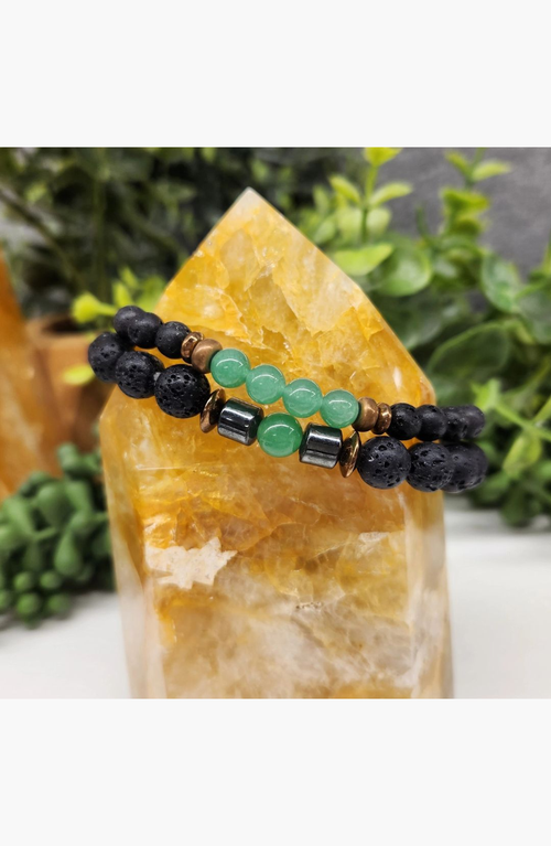 Humanist Beauty Crystal Lava Beaded Bracelet Set In Green