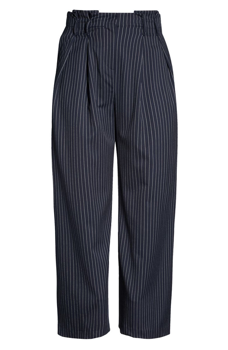 River Island Pinstripe Pleated Paperbag Waist Wide Leg Trousers, Alternate, color,