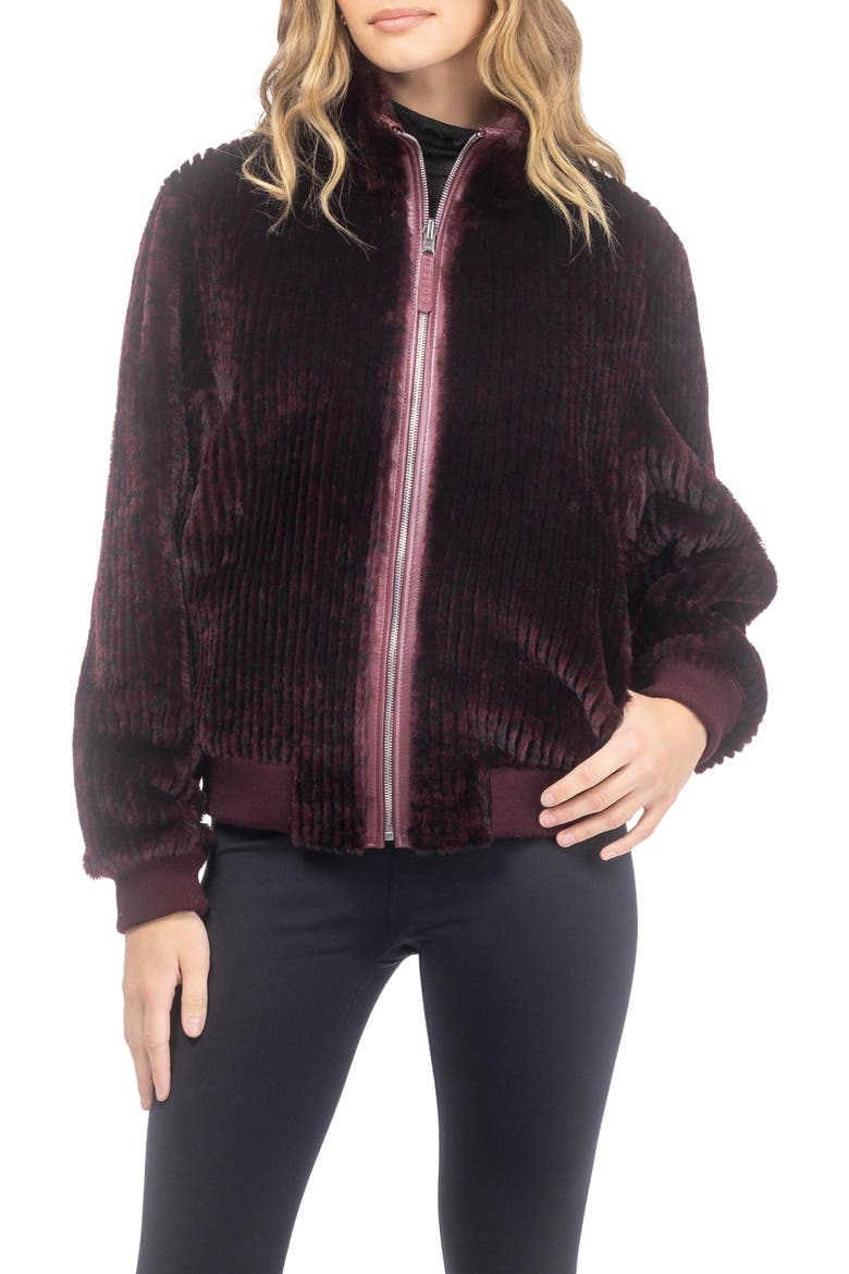 Reversible Grooved Genuine Shearling Insignia Bomber Jacket, Main, color, Burgundy/Black