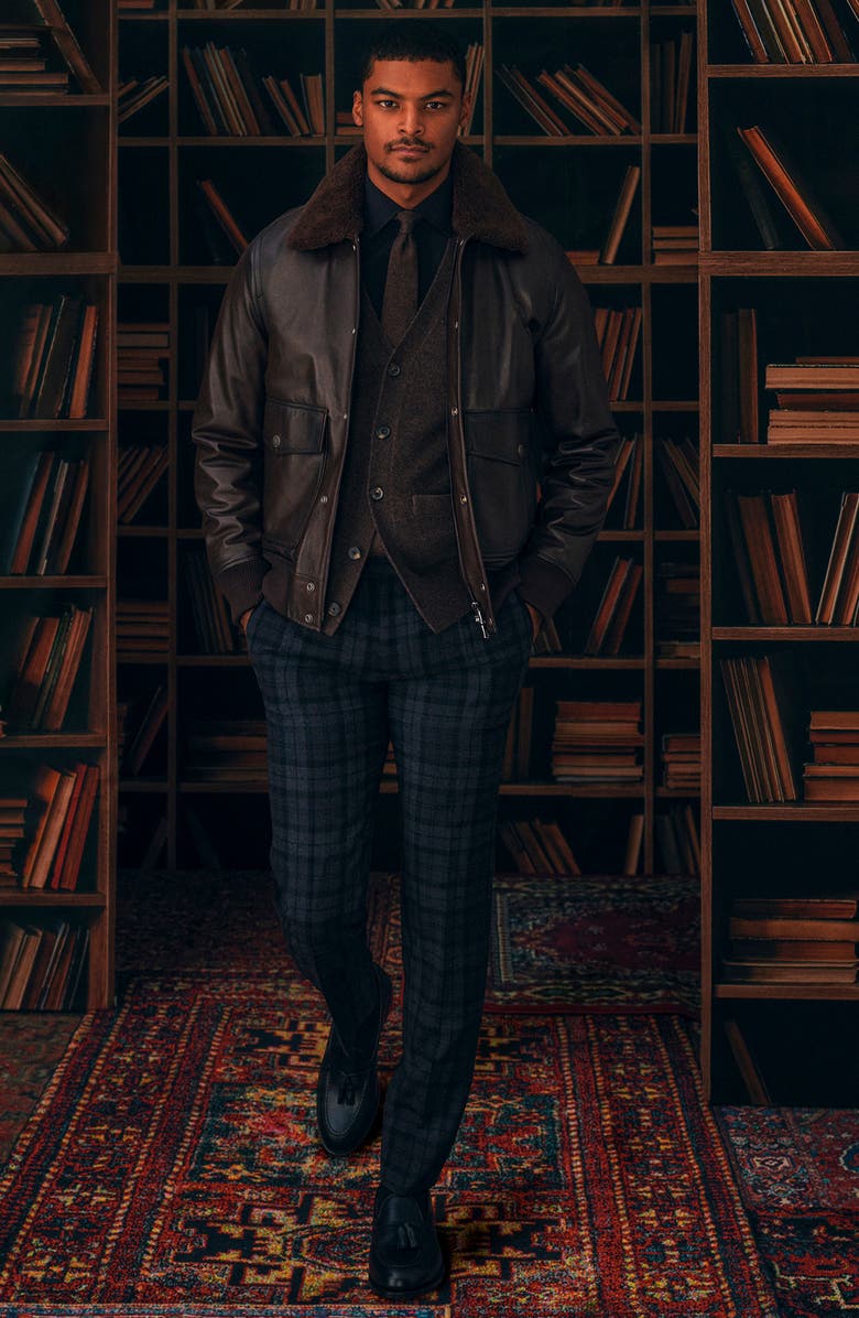 Brooks Brothers Leather Flight Jacket with Genuine Shearling Collar, Alternate, color,