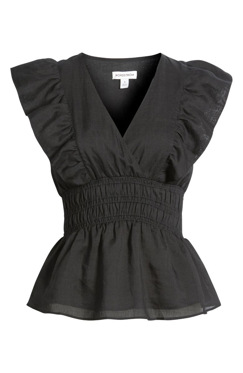 Nordstrom Smocked Waist Flutter Sleeve Peplum Top, Main, color, Black