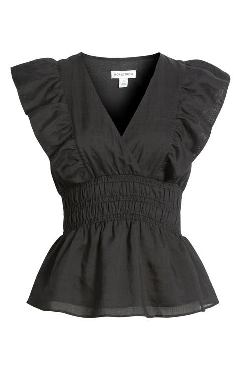 Smocked Waist Flutter Sleeve Peplum Top