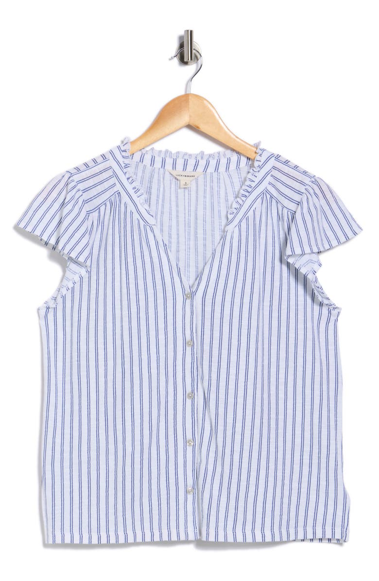 Lucky Brand Stripe Cap Sleeve Cotton Button-Up Shirt, Main, color, Blue Stripe