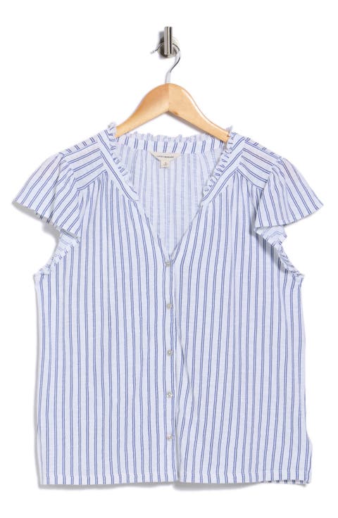Stripe Cap Sleeve Cotton Button-Up Shirt