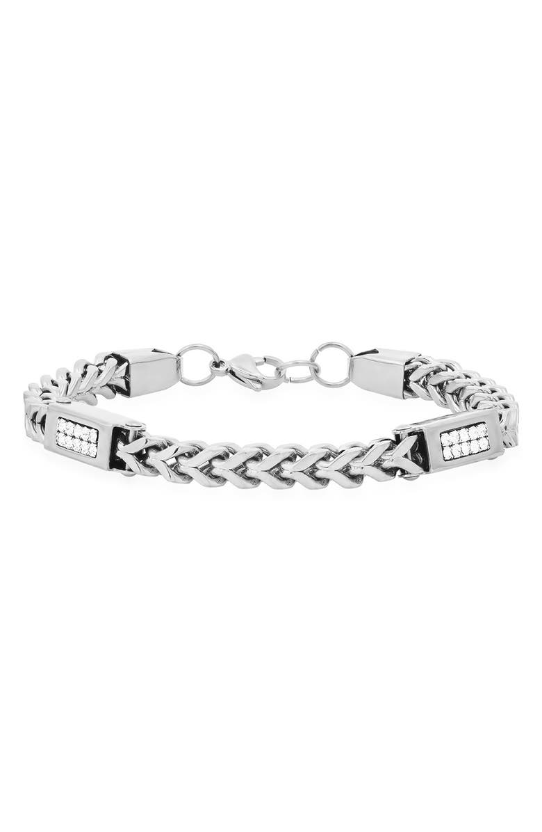 HMY JEWELRY Stainless Steel Simulated Diamond Wheat Chain Bracelet, Main, color, 