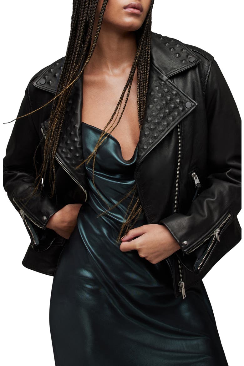 Lyra Pyramid Detail Leather Moto Jacket, Main, color, BLACK