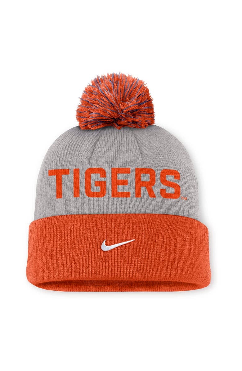 Nike Men's Nike Gray/Orange Clemson Tigers Primetime Peak Cuffed Knit Hat with Pom, Alternate, color, Gray
