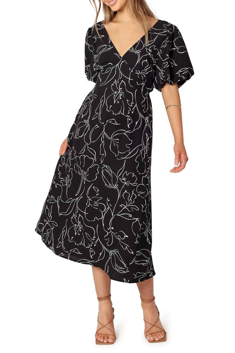 Hallie Floral Cutout Puff Sleeve Cotton Blend Sundress, Main, color, BLACK WHITE