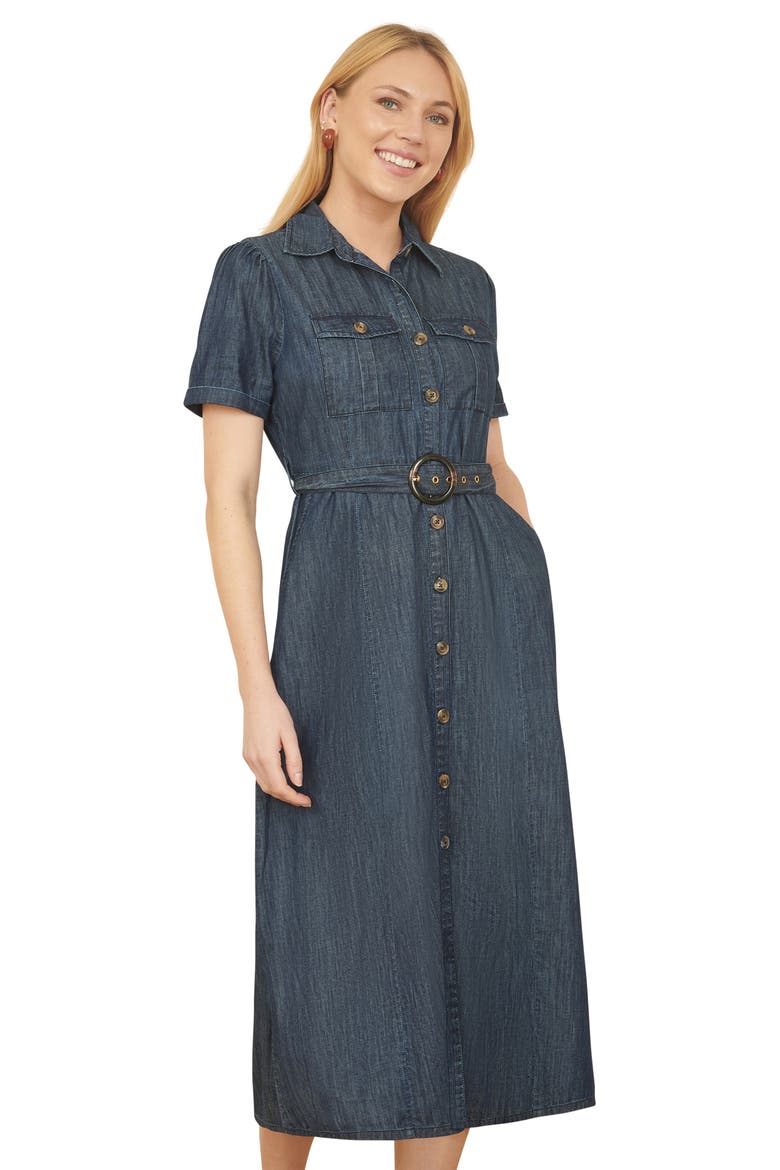 Chambray Denim Utility Midi Shirt Dress, Alternate, color, Blue