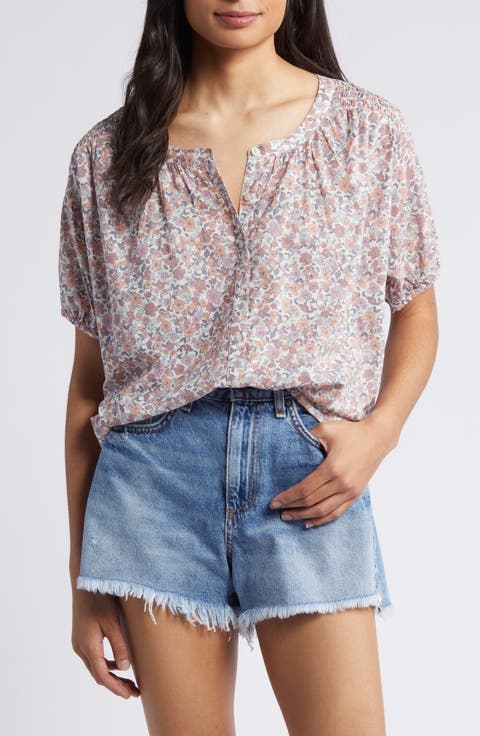 Floral Print Cotton Peasant Top