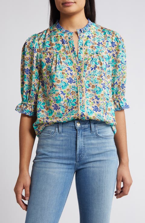 Print Ruffle Eyelet Shirt
