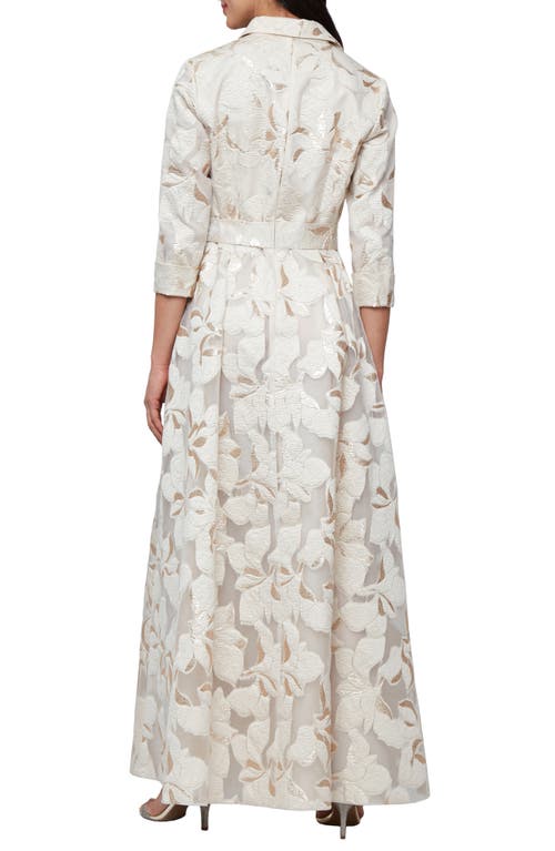 Alex Evenings Metallic Jacquard Tie Waist Gown In Ivory Gold