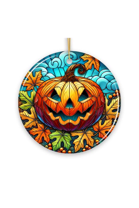 Pumpkin Autumn Leaves Stained Glass Style Ornament