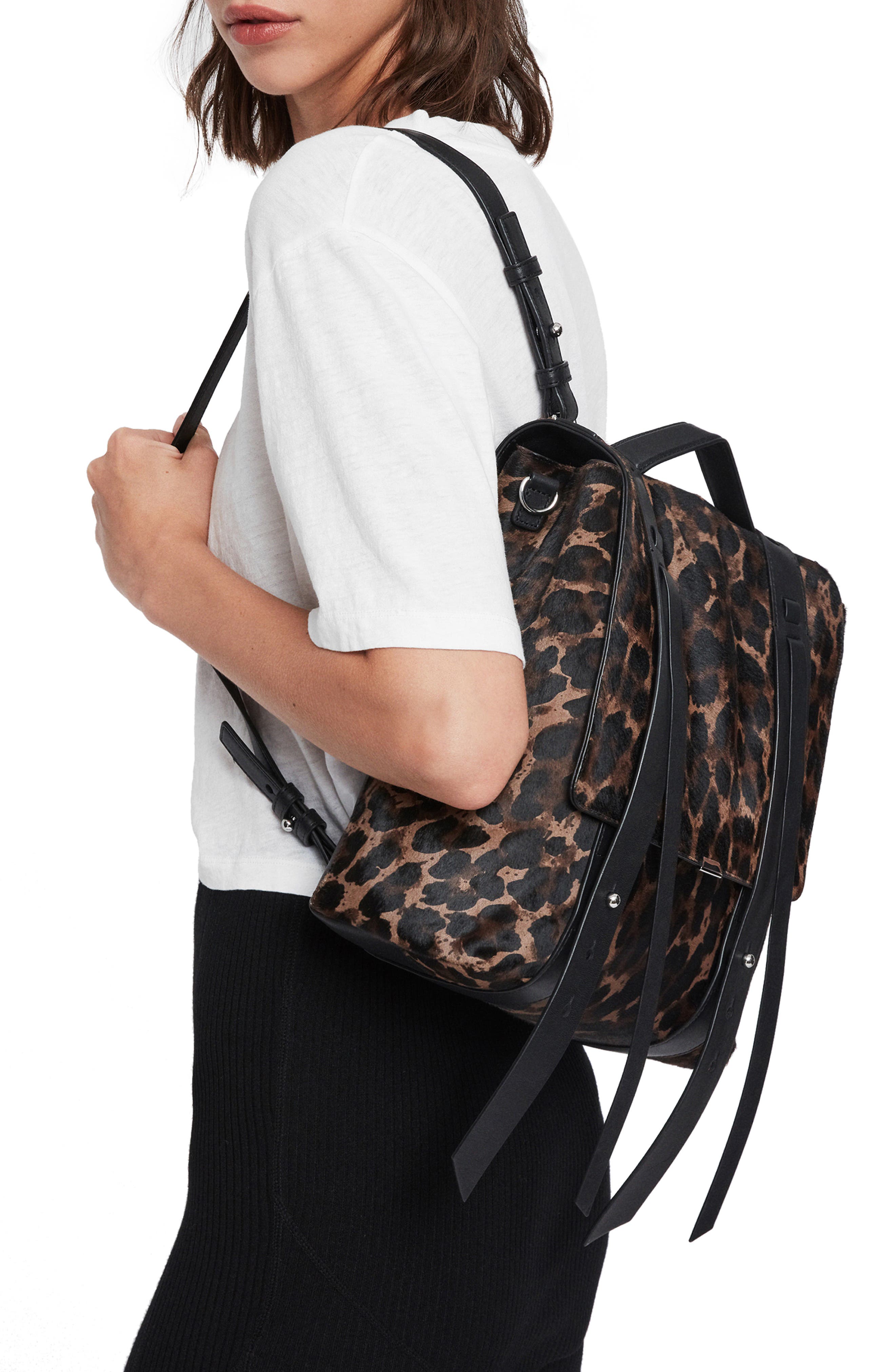 AllSaints Kim Leopard Print Genuine Calf Hair Backpack, Alternate, color, 