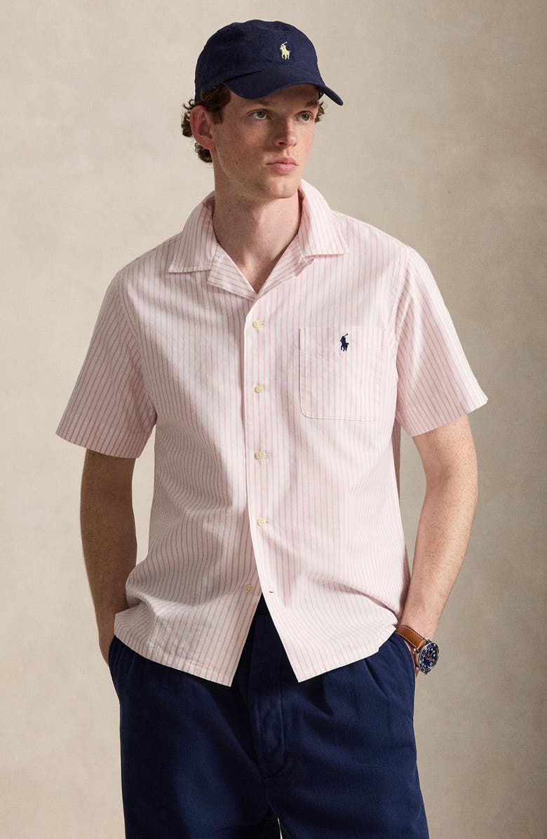 Polo Ralph Lauren Classic Fit Stripe Cotton Oxford Cloth Camp Shirt, Alternate, color, White/ New Rose
