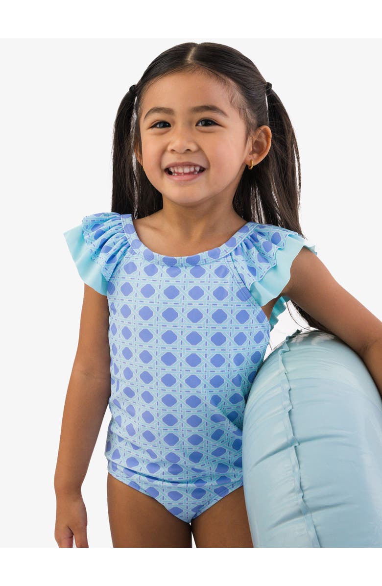 RuffleButts Girls V-Back UPF50+ One Piece, Alternate, color, Periwinkle Blue Coastal Cane
