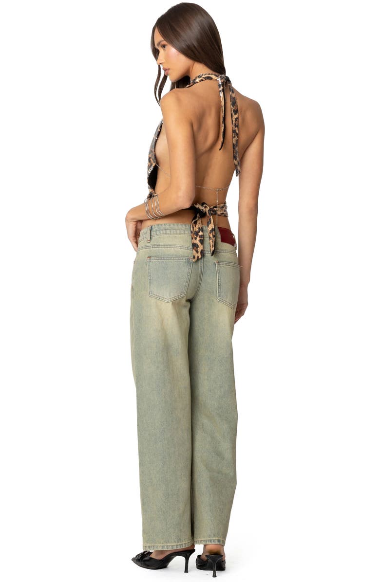 EDIKTED Sequin Leopard Plunge Neck Halter Top, Alternate, color, Leopard